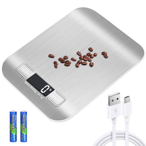 Bilancia da cucina digitale con peso alimentare, 10 kg/1 g, ricaricabile tramite USB, con display LCD e funzione di tara, professionale, con cavo di ricarica, colore argento e bianco