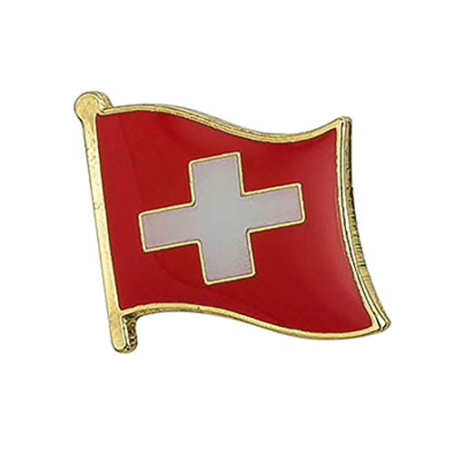 Switzerland Flag Lapel Pin – Swiss Cross National Enamel Badge by Panda Loco – Red & White Waving Design with Gold Trim (1.6 x 1.9cm)