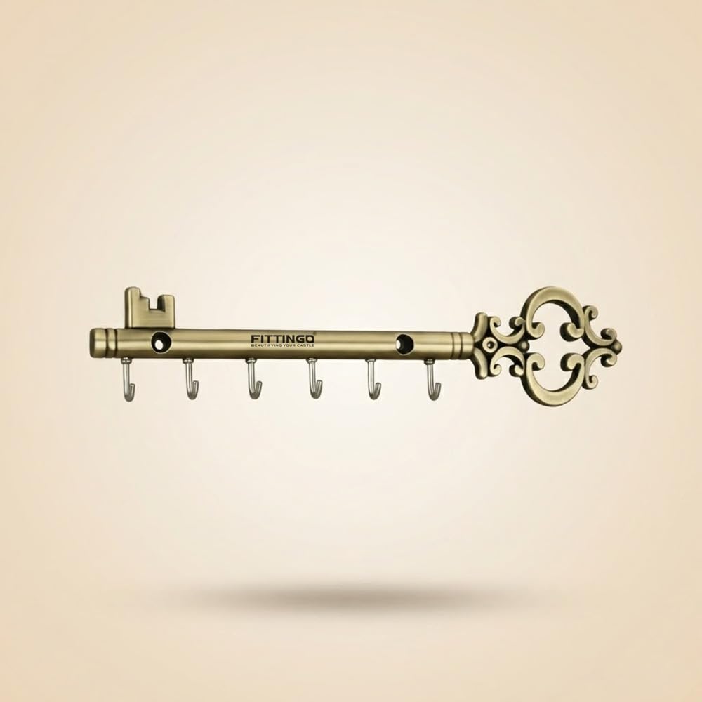 Fittingo Royal Chavi-Shaped Key Holder/Rajwadi Key Stand with 6 Hook & Brass Metal Wall Mount Key Hanger/Home Decor Gift (23x5cm) Brass Antique Finish-image-3