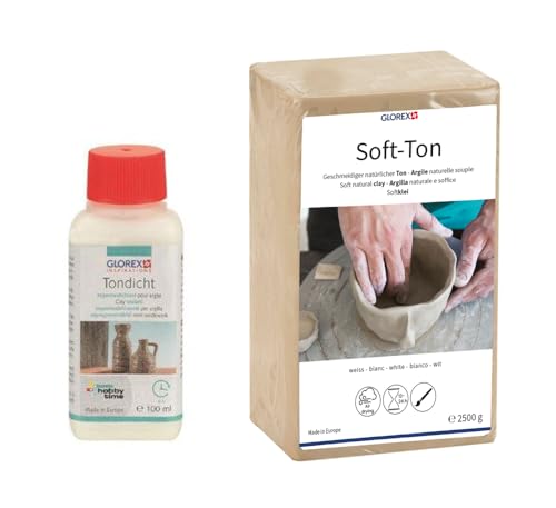 GLOREX 6 8075 300K - Set für Kreative: Soft Ton 2500 g in weiß, lufthärtend ohne Brennen und 100 ml Tondicht zur Versiegelung