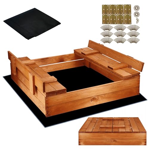 SPRINGOS Arenero de Jardín para Niños Arenero Cuadrado de Madera Impregnada con 2 Bancos y Tapa 98 x 98 cm