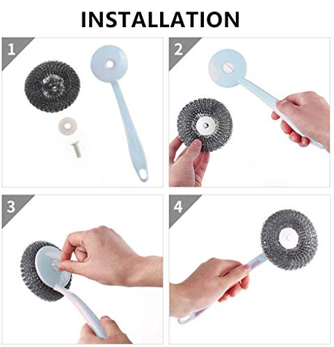 Kitchen Stainless Steel Sponges Scourer Set with Handle Pack of 8, Pot Brush, Large Stainless Steel Scrubbers - Metal Scouring Pads Kitchen Cleaning Tool,Nordic Blue