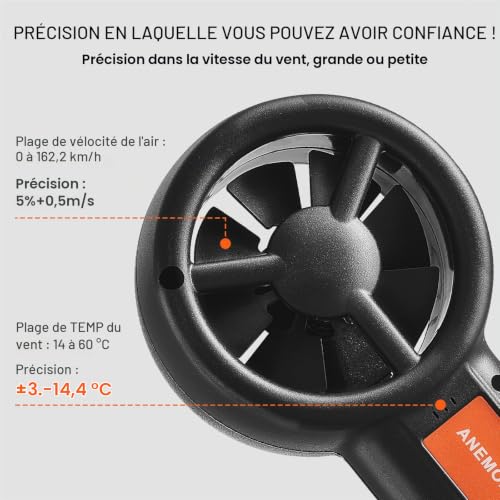 Anemometre VEVOR Anémomètre Portable Numérique Mesure de Vitesse du Vent CFM 10℃ à 60℃ LED - vue 4