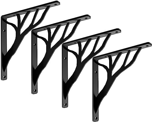 Balin Designs Black Tree Shelf Bracket for 10" and 12” Shelves – Pack of 4 - Heavy Duty Decorative Metal Shelf Brackets - Rustic Home Décor - L Brackets - Easy to Install – Hardware Included