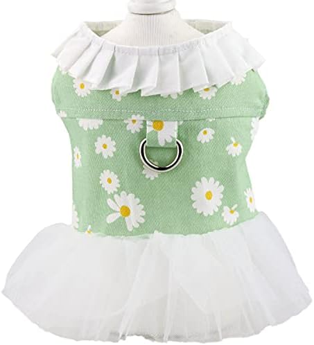 Dog Dress with Harness D-Ring Puppy Pet Clothes Outfit Shirt Flower Costume for Small Girl Dogs Daisy (Small, Green)