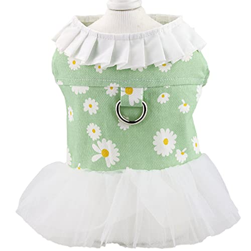 Dog Dress With Harness D-Ring Puppy Pet Clothes Outfit Shirt Flower Costume For Small Girl Dogs Daisy (Small, Green) #TOP7