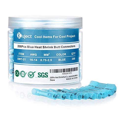 200Pcs Heat Shrink Butt Connectors 16-14 AWG, Kuject Crimp Electrical Wire Connectors, Insulated Waterproof Butt Splice Terminal for Automotive, Marine, Audio