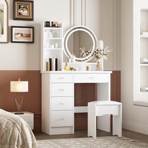 Caldion Coiffeuse avec Miroir,Table de Rangement avec LED Lumiere et Tabouret,Table de Maquillage avec 5 Tiroirs et Rangement, étagères,Commode et Set de Tabourets Rembourrés Blanc,80x40x135cm