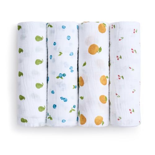 Image of aden + anais Boutique Organic Swaddle Blanket 4-Pack - 100% Organic Cotton Muslin, Large, Soft, Breathable Receiving Blankets for Infants - Lightweight Multi-Use Baby Swaddles, Fresh Fruit