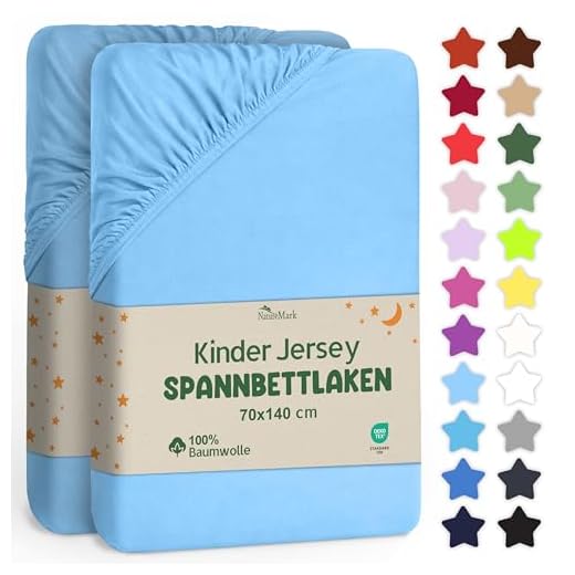 NatureMark 2er Set Kinder Spannbettlaken Jersey, Spannbetttuch 100% Baumwolle, für Babybett und Kinderbett | 70x140 cm - Hell blau