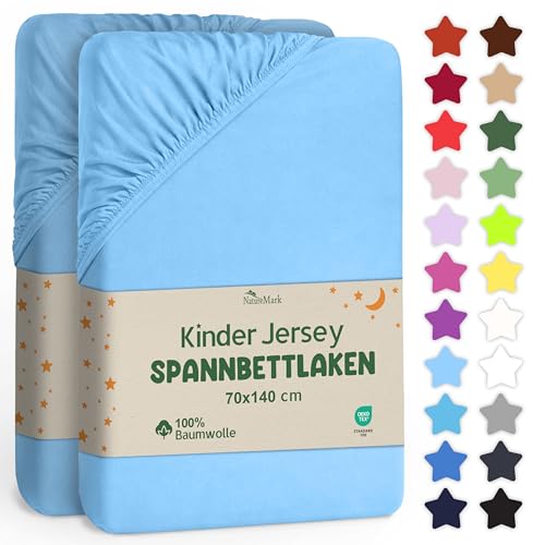 NatureMark Kinder Spannbettlaken 70x140 cm – Weiches Jersey, 100% Baumwolle, 2er Set für Babybett und Kinderbett, Hell Blau