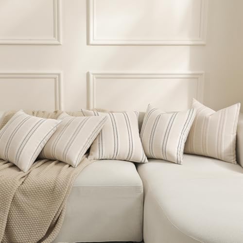 Image of Hckot Navy Blue Throw Pillow Covers 24x24 Set of 2 Striped Pillow Covers Textured Linen Decorative Pillows Square Cushion Covers for Sofa Couch Bed Living Room Farmhouse Decor