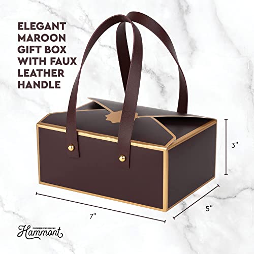 Hammont Cookie Boxes for Gift Giving - 4 Pack of Bakery Boxes, Easy to Assemble Decorative Cardboard Luxury Gift Box with Faux Leather Handle for Jewelry, Chocolate and Candy - 5x7x3 Inches (Maroon)