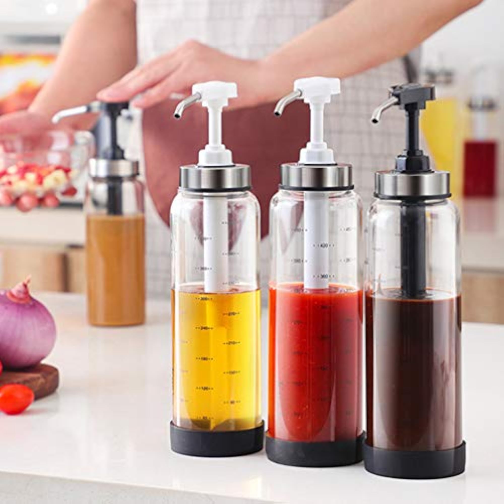 300ml Sauce Pump Dispenser with Glass Bottle, Perfect for Kitchen