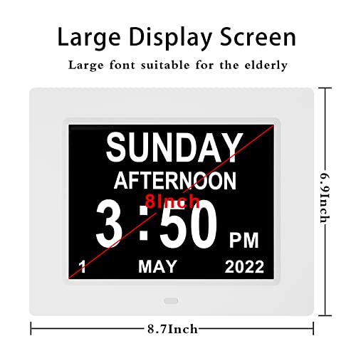 Digital Calendar Day Clock With 8 Inch Display Screen, Auto Dimming, 8 Alarms Clock With Day And Date, Dementia Clock For Vision Impaired, Elderly, Memory Loss, White #TOP1