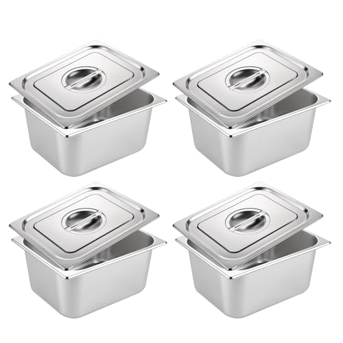 Gastronorm Lot de 4 bols à panure en acier inoxydable avec couvercle, voie à paner rectangulaire, récipient GN pour la cuisine, empilables, récipients à panure, récipients GN 1/6, 17,5 x 16,5 x 10 cm