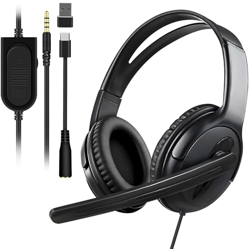 Image of Joso Wired Headset with Mic, Gaming Headset for PS5 /PS4 /Xbox /Switch /PC /iPad /Mac /Tablet with 3.5mm to Type C & USB-A Adapter - Office Business, Remote Work, Coach, Gaming, Chat Headphone, Dual Ear