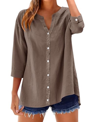 LOMON 3/4 Length Sleeve Womens Tops V Neck Cotton Button Down Shirts Casual Loose Roll Up Sleeve Blouse Dark Grey Brown XL