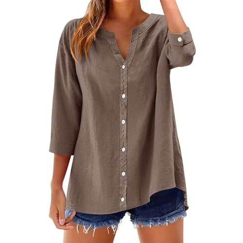 LOMON Womens 3/4 Sleeve Button Down Shirts Cotton Linen Roll Up Short Sleeve Tops V Neck Casual Loose Fit Blouses
