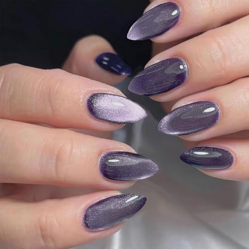 GLAMERMAID Dark Purple Magnet Cat Eyes Press on Nails Short Almond, Black Aurora Handmade Jelly Gel Fake Nail Kit, Ombre Glitter Magnetic Glue on Nail Stiletto, Medium Oval Stick on False Nail Women