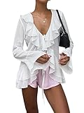 Top corto de transparente, cuello en V, larga, con volante, lazo frontal, ribete de volantes, blusa sexy transparente
