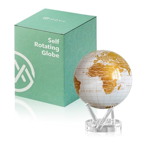 MOVA Self Rotating Globe, Pearl White and Gold Prestige (8.5") | solar powered globe, no batteries or cords, gift for geography lovers, premium kinetic display, office desk decor
