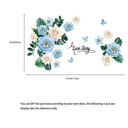 3D Trendy Peony Flower Wall Sticker, Yocomey Removable Watercolor Flowers Wall Decal Peel And Stick Blooming Peony Floral Wall Decor Rose Floral Wallpaper For Bedroom Living Room (Blue) #TOP1