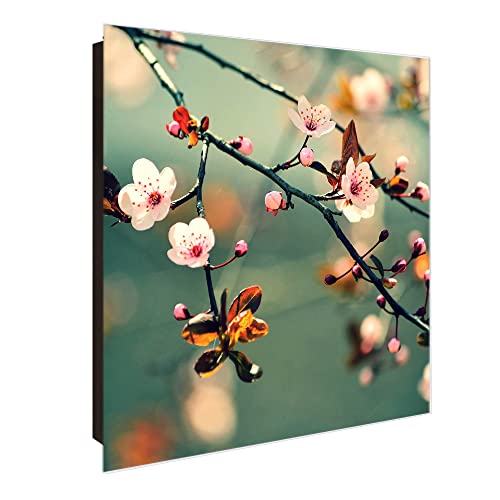banjado Großer Schlüsselkasten Glas - Schlüsselbox 30x30cm mit 50 Haken - Schlüsselkasten modern für Schlüsselaufbewahrung mit beschreibbarer, magnetischer Glastür - Motiv Japankirsche