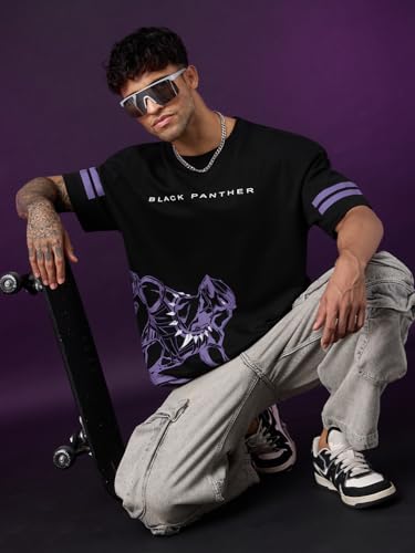 Image of The Souled Store: Black Panther Wakanda Forever Men and Boys Short Sleeves Round Neck Graphic Printed Cotton Oversized Comfortable Lightweight All-Season T-Shirt