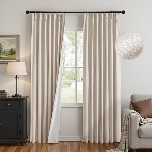 MYSKY HOME Linen Pinch Pleated Blackout Curtains 96 inches Long Linen 100% Room Darkening for Living Room Bedroom Thermal Insulated Light Block Window Drapes Width 40", 2 PCs