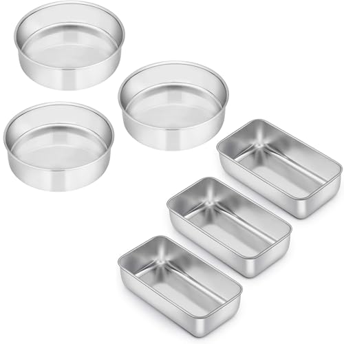 E-far 6 Inch Cake Pan Set of 3 and 3 Pieces Loaf Pan, Stainless Steel Round Smash Cake Baking Pans Tins, 9 x 5 Inch Metal Bakeware for Bread Meatloaf Cake Brownies, Non-Toxic & Healthy, Mirr