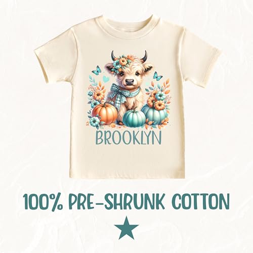Personalized Highland Cow T-Shirt for Girls, Custom Fall Western Wear Tee with Name, Short Sleeve Graphic Shirt, Autumn Pumpkin Cow Lover Gift for Girl4