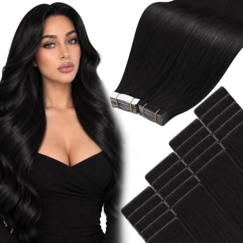 Moresoo Seamless Tape in Hair Extensions Human Hair Natural Black 22 Inch