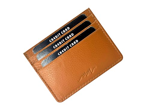 Image of MM Designs Slim Leather Credit Card Holder for Men and Women | Genuine Leather RFID Blocking | Minimalist Wallet with 6 Card Slots | Tan