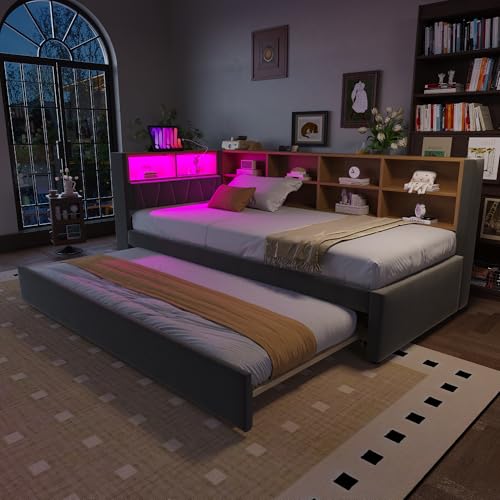 YuQozii Sofá cama 90 x 200, cama nido 90 x 190, equipado con lámparas, enchufes y muchos compartimentos, cama tapizada, sofá cama multifunción, cama individual, franela (gris oscuro)