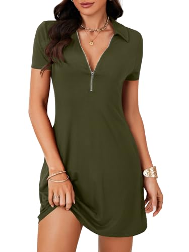 Image of LYANER Women's Sexy Zipper Front V Neck Mini Dress Casual Low Cut Short Sleeve Ruffle A Line Short Dresses