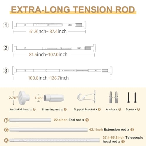 Image of White Tension Curtain Rod 41-126In(4-10Ft), Extra Long Outdoor Curtain Rod No Drilling for Window or Bathroom Patio, Adjustable Heavy Duty Shower Rod,Rod Diameter 1.26In (2Pack)