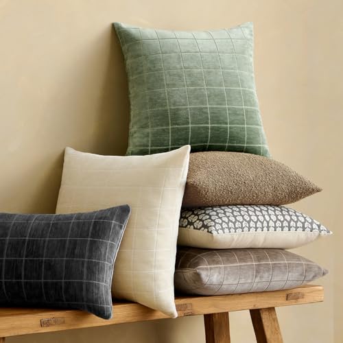 Image of MIULEE Sage Plaid Decorative Throw Pillow Covers 20x20 Set of 2 | Vintage Check Chenille Couch Pillows Neutral Boho Farmhouse Cushion Covers Modern Home Decor for Sofa Bed Living Room