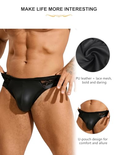 Floral Men's Lace Underwear Faux Leather Pouch Briefs Sexy Sissy Lingerie Panties Black S-2XL4