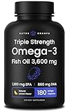 Triple Strength Omega 3 Fish Oil 3600 mg | EPA & DHA | 180 Softgels | Burpless Fish Oil Supplement, Wild Caught | Over 2100mg Omega-3 Fatty Acids Supplements | Natural Lemon Flavor Omegas 3 Pills