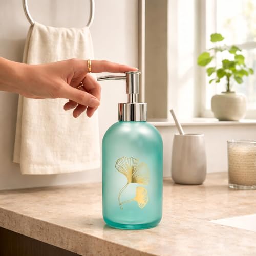 Image of Luxe Home International Flower Print Glass Soap Dispenser for Bathroom and Kitchen Sink Leak Proof Liquid Hand Wash Round Bottle Lightweight Smooth Finish (19.5x7.5 cm Sky) Pack of 1