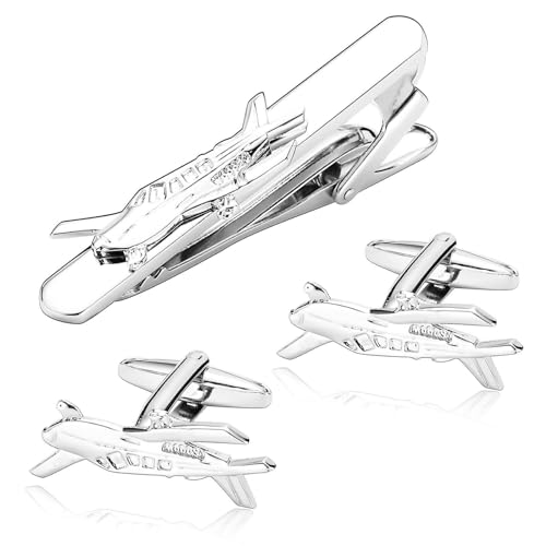 Gemelos de plata y acero para hombre con forma de avión para trajes de ejecutivos