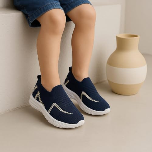 Image of Kids Navy Blue Knit Slip-On Sneakers, Lightweight Casual Shoes with White Sole