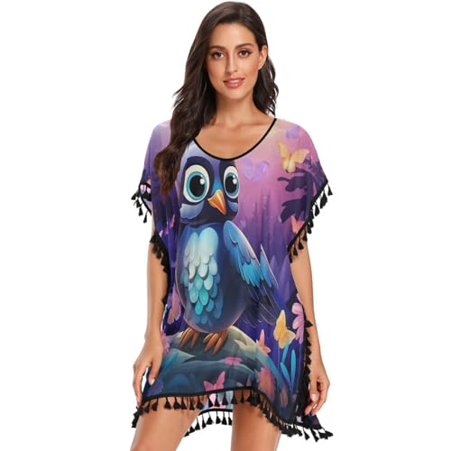 Forest Flower Animals Penguin Women's Beach Cover Up Chiffon Tassel Swimwear Swimsuit Coverups for Girl