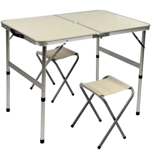 Mesa Dobrável Portatil Camping Maleta C/ 2 Banquetas Alumínio Conjunto