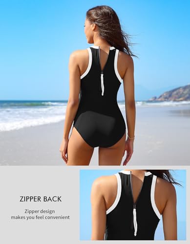 Charmo Women One Piece Swimsuit Zipper Back Ribbed Swimwear Sporty Racerback High Neck Bathing Suit2