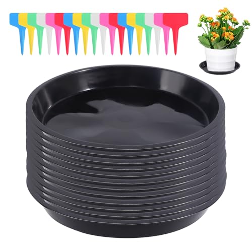 12 Pièces Coupelle Pot de Fleur Soucoupe Pot Fleur Plastique Soucoupes Pots de Fleurs avec 18 Étiquettes sous Pot de Fleur Rond Dessous de Verre pour Plantes D'intérieur et D'extérieur