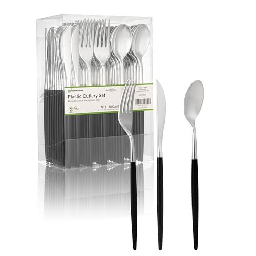 Restaurantware-Moderna 7.5 Inch Fancy Flatware, 60 Durable Plastic Flatware - With Black Handle, Heavy-duty, Silver Plastic Sustainable Cutlery, Easily Disposable Or Restaurants by Restaurantware - Used condition - US$9.72