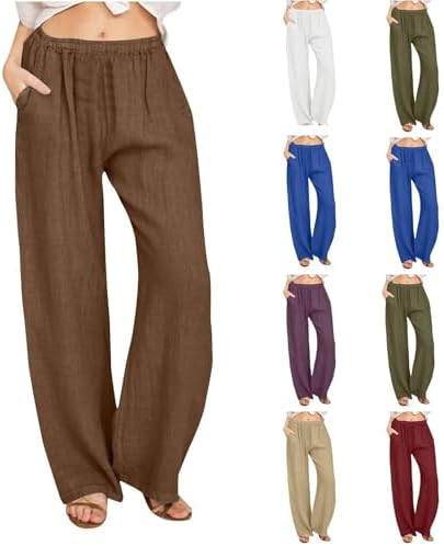 Cotton Linen Pants for Women Gauze Flowy Lightweight Palazzo Pants Summer Casual Elastic Vacation Travel Beach Clothes