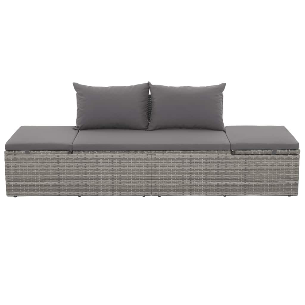 Lettino da giardino in polyrattan grigio, 195 x 60 cm, con schienale e pediera regolabili, imbottitura inclusa, ideale come lettino da sole, isola lounge per terrazza, balcone, relax